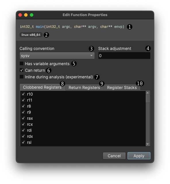 Edit Function Properties Dialogue