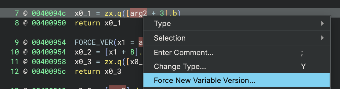 Force New Variable Version... Forcing Variable Versions Menu