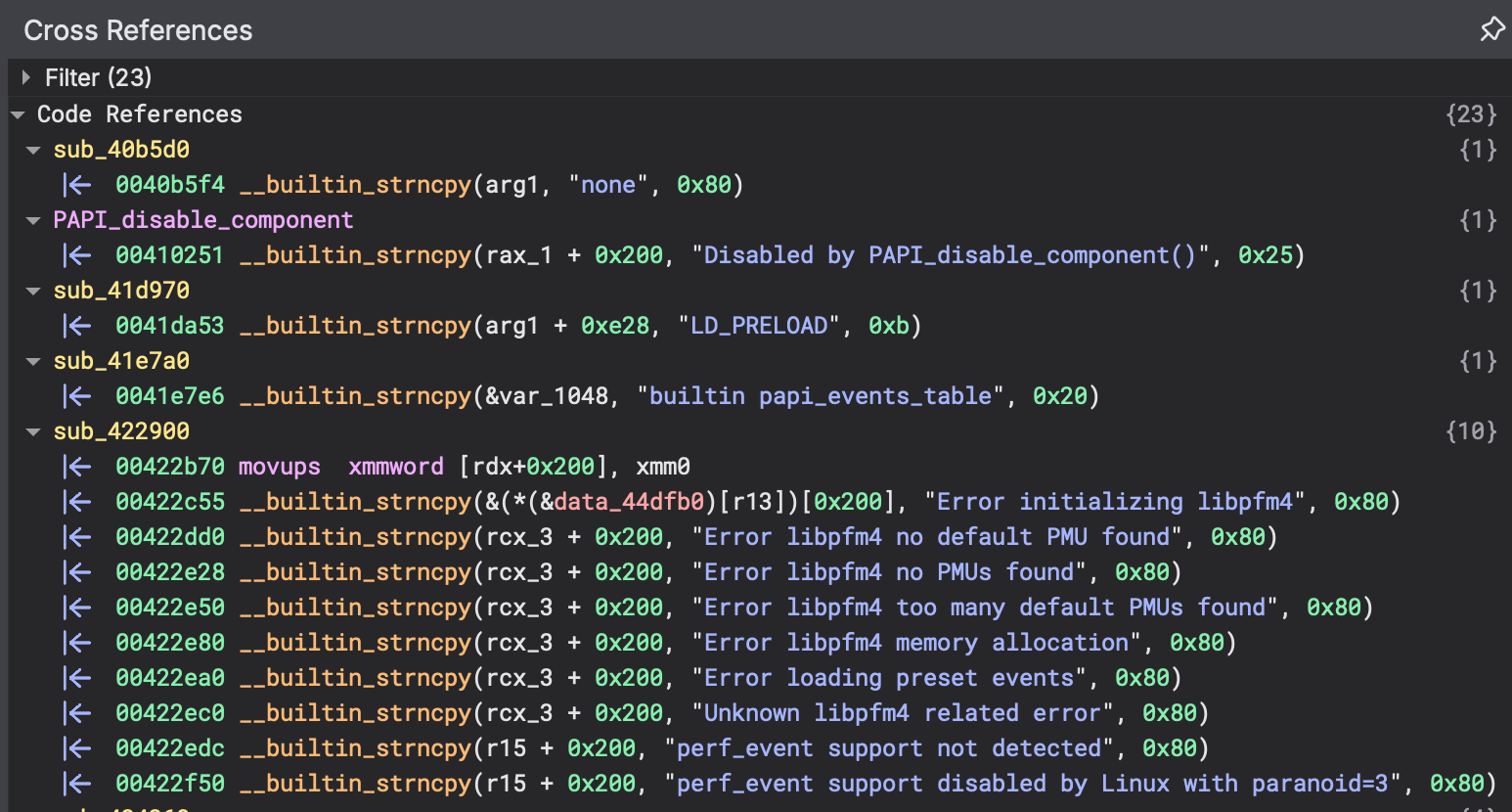 Cross-references to outlined functions