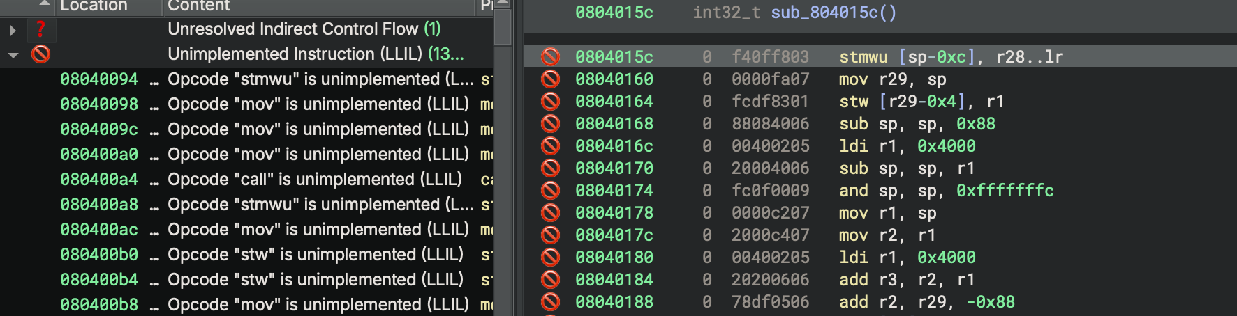 Tags sidebar showing unimplemented instructions